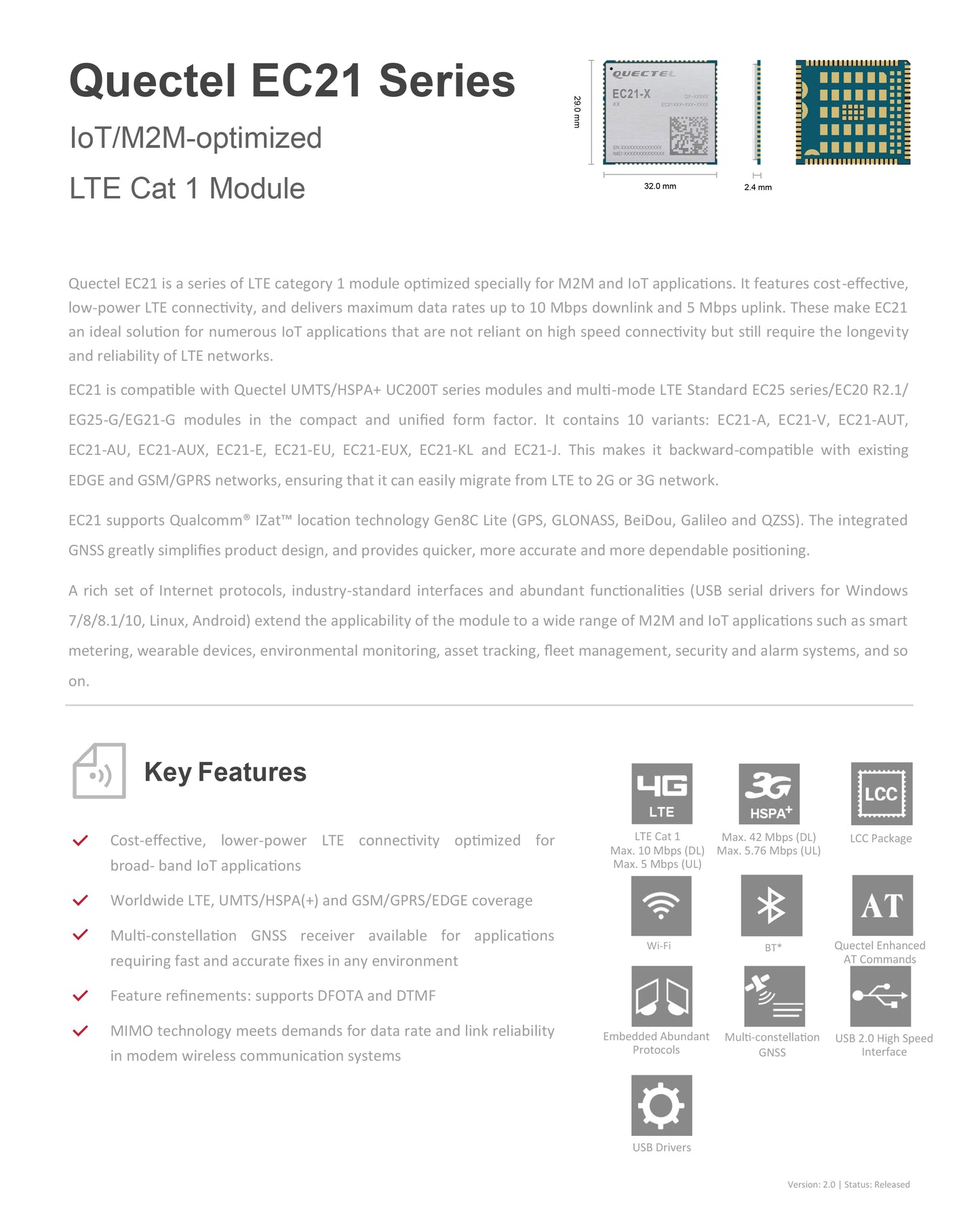 Quectel EC21 Series LCC+LGA 4G LTE Cat1 Module EC25-E EC25-EU EC21-EUX EC21-A EC21-V EC21-AU EC21-AUT EC21-AUX EC21-J EC21-KL EC21-IN