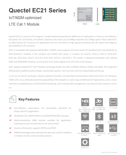 Quectel EC21 Series LCC+LGA 4G LTE Cat1 Module EC25-E EC25-EU EC21-EUX EC21-A EC21-V EC21-AU EC21-AUT EC21-AUX EC21-J EC21-KL EC21-IN